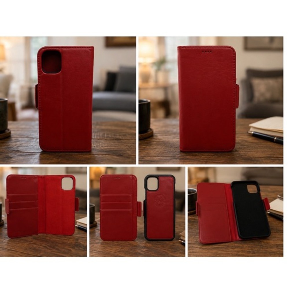 Red Leather Wallet Folio Case for iPhone 11 Pro Detachable Magnetic‎ Cover 33-28